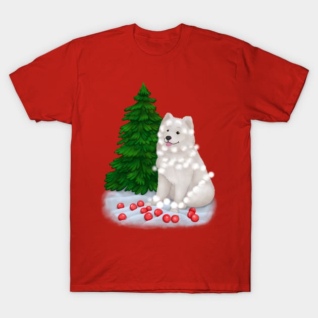 White fluffy Samoyed dog in a Christmas setting T-Shirt by illograph